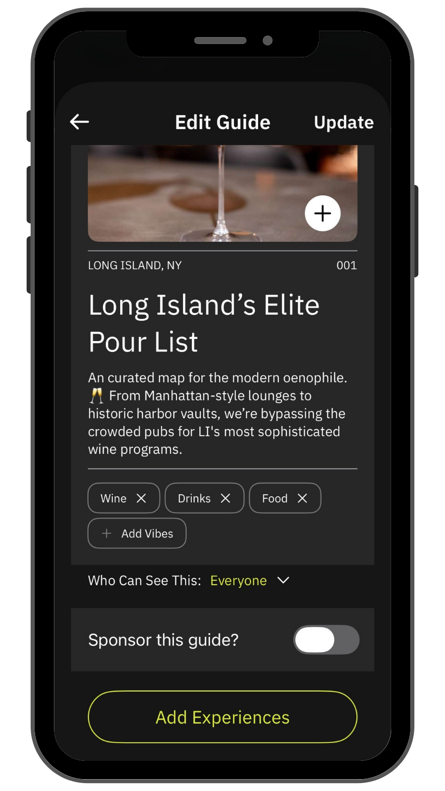 A mobile phone screen displaying a guide for a wine and drink experience in Long Island, NY. The guide is titled 'Long Island's Elite Pour List' with a description about curated wine programs in Manhattan-style lounges and historic harbor vaults. There are categories for wine, drinks, and food, and a button to add experiences, with options for who can see the guide and sponsorship toggle.