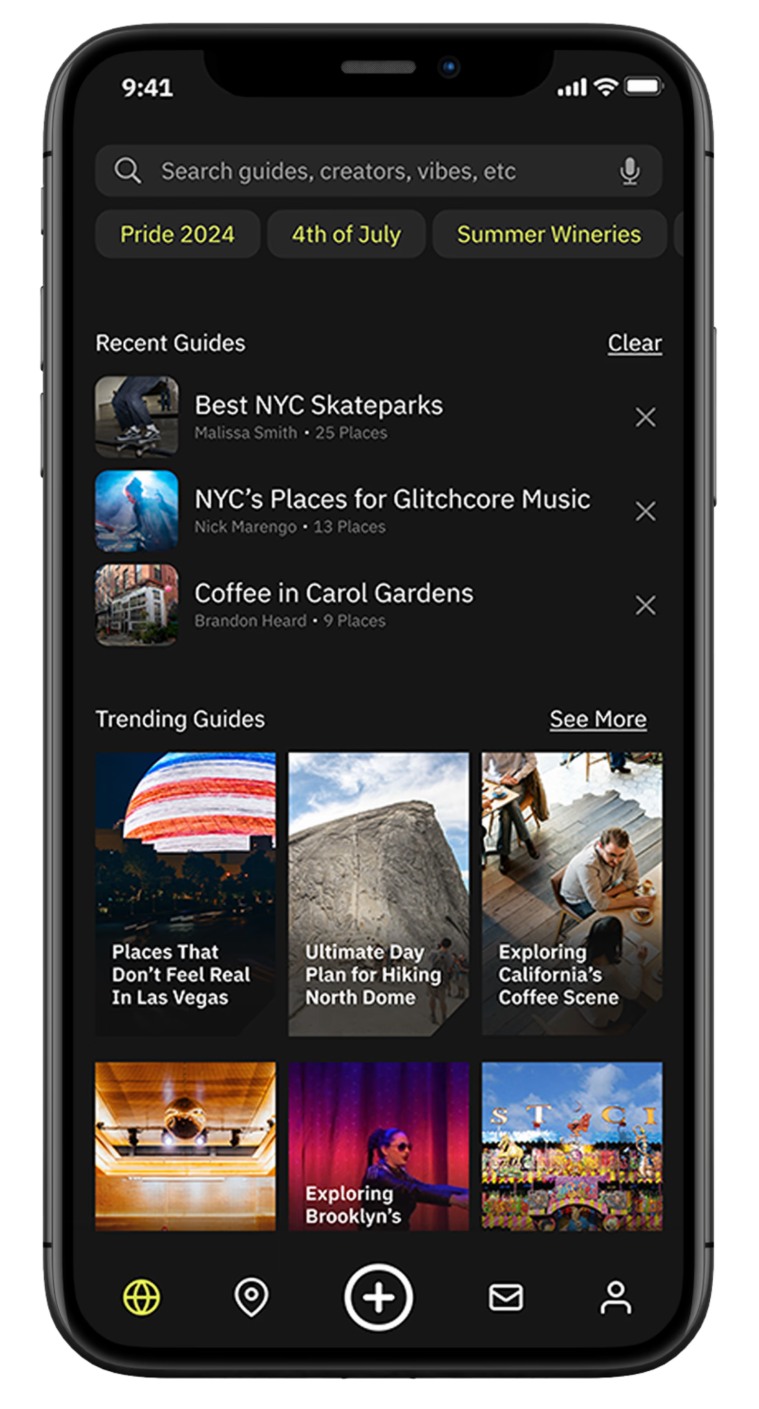 A smartphone screen showing a travel guide app with recent guides and trending guides on various topics, including places in New York City, hiking, coffee scenes, and exploring Brooklyn.