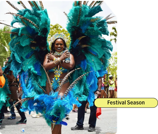 A woman in a colorful carnival costume with large blue and teal feathered wings, smiling and standing in a parade during festival season.