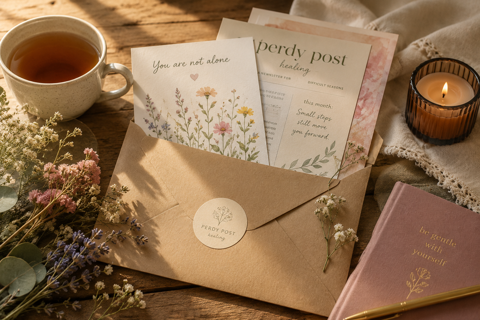 A flat lay of a cozy arrangement including a cup of tea, a lit candle in a black holder, a beige envelope with a sticker, and several cards with floral designs and motivational messages, surrounded by fresh flowers and a pink notebook with gold lettering.