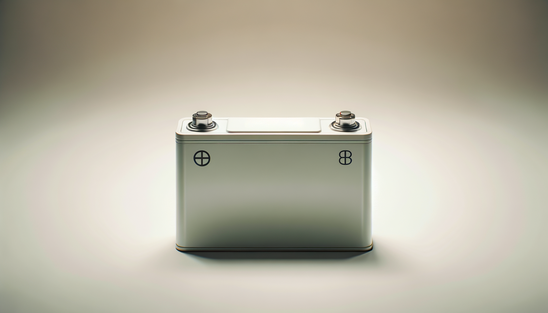 A silver, rectangular battery with two terminals on top, set against a neutral background.