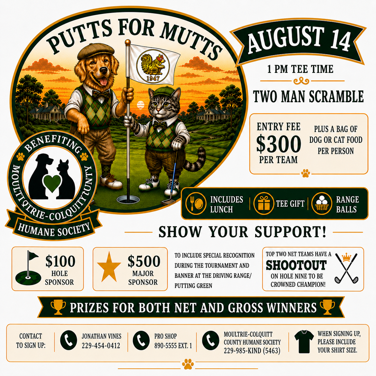 Poster for a charity golf tournament benefiting the Moultrie-Colquitt Humane Society, featuring a dog and a cat in golf attire, with event details including date, time, entry fee, and sponsorship information.