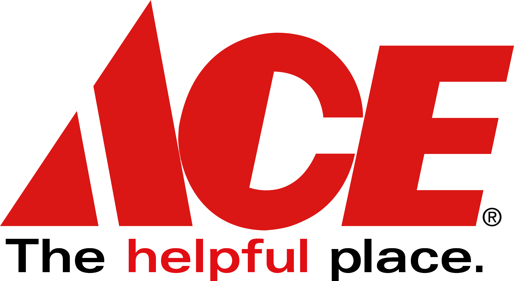 The logo features the acronym 'ACE' in bold red uppercase letters with a stylized 'A' that resembles a mountain peak. Below, the slogan reads 'The helpful place' with 'helpful' in red and the rest in black.