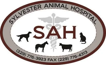 Logo for Sylvester Animal Hospital with the text 'SAH', a caduceus symbol, and silhouettes of a dog and a cat.