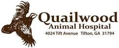 Logo for Quailwood Animal Hospital with a quail illustration and address in Tifton, Georgia.