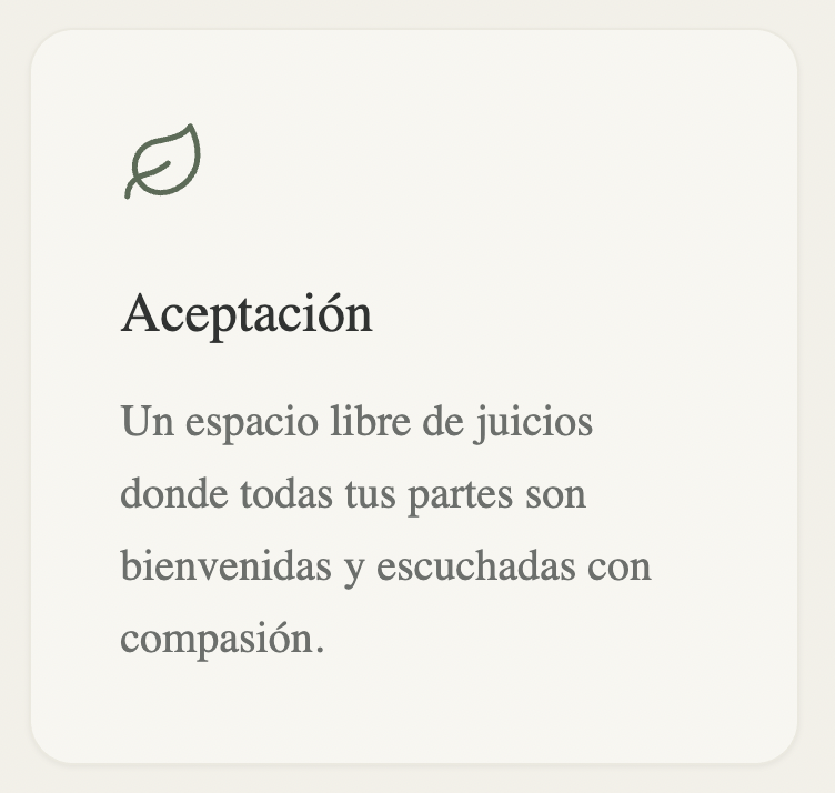 A graphic with a green leaf icon and the word 'Aceptación' followed by Spanish text describing a space free of judgments where all parts are welcomed and listened to with compassion.