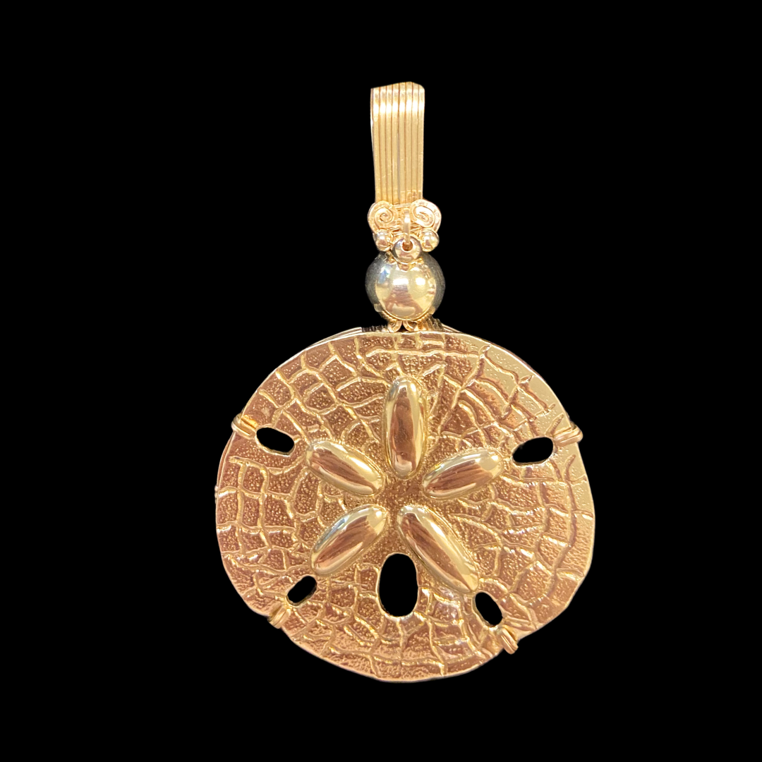 Gold pendant of a sand dollar on a black background.