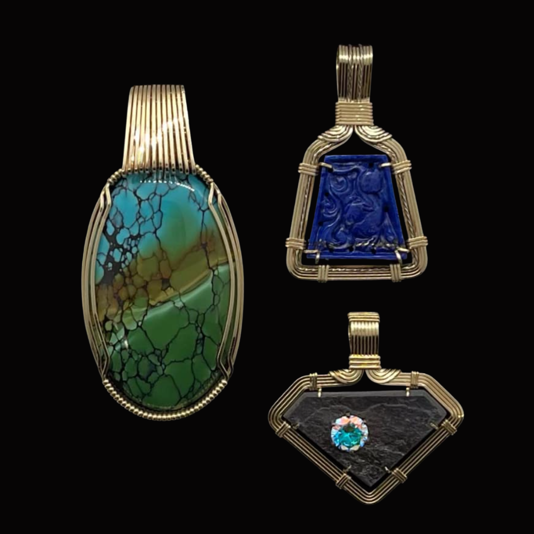 Three pieces of jewelry with colorful stones and intricate wire settings on a black background.