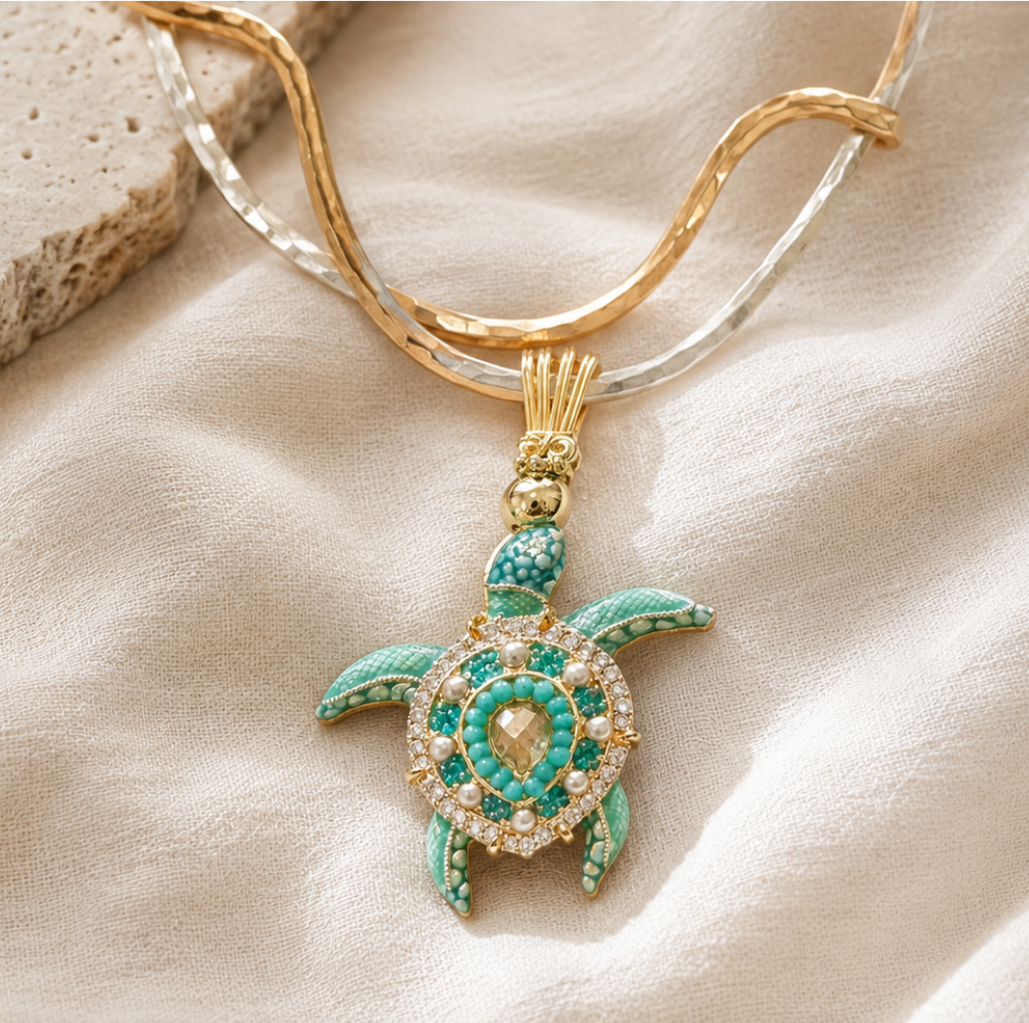 A decorative turtle pendant with turquoise and pearl accents, surrounded by gold and crystal embellishments, as part of a layered necklace placed on beige fabric.