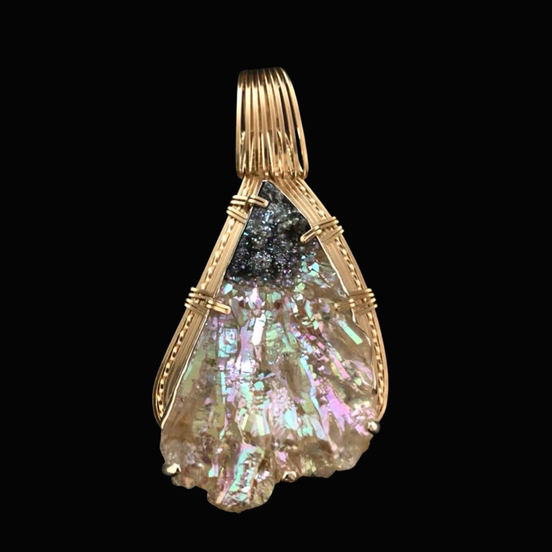 Gold pendant with a large, iridescent, semi-raw gemstone, set against a black background.