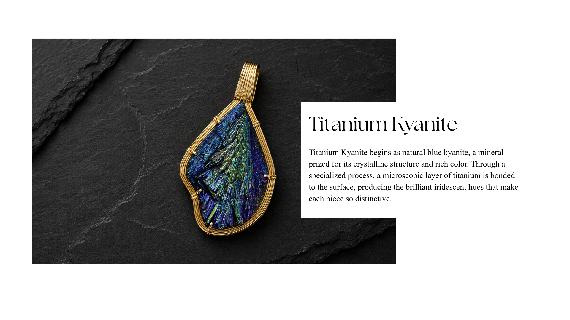 A piece of jewelry featuring a teardrop-shaped titanium kyantie stone with iridescent blue and green hues, set in a gold wire frame, placed on a dark textured surface next to a white text box with black text about titanium kyantie.