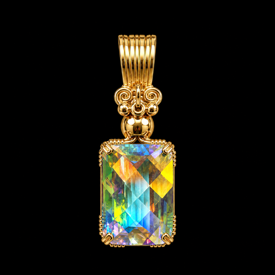 Gold pendant necklace with a large rectangular rainbow-colored gemstone on a black background.
