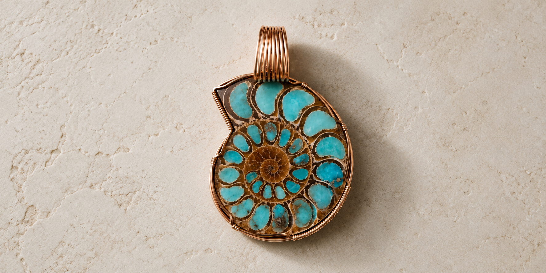 Artistic pendant with a spiral ammonite shell design featuring turquoise-colored stone inlays and copper wire wrapping, placed on a textured beige background.