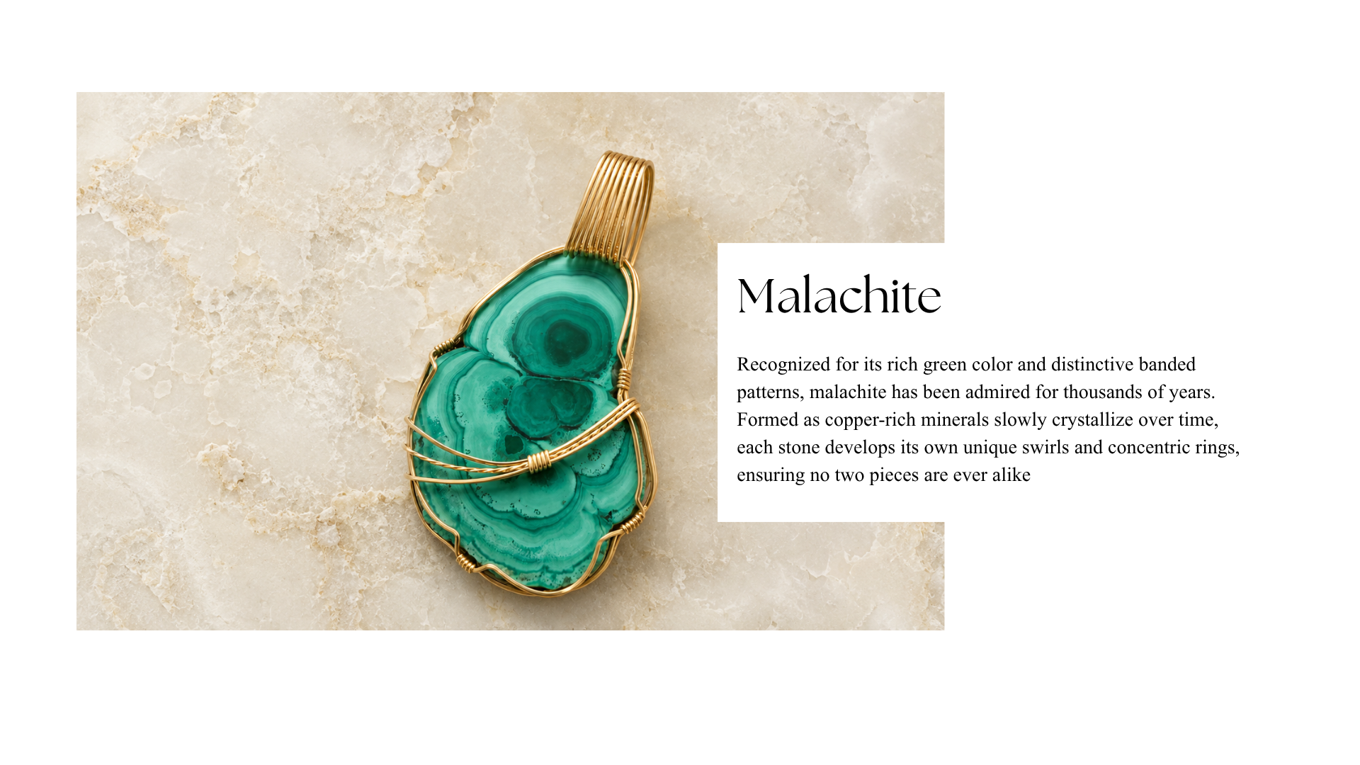 A piece of malachite jewelry with gold wire wrapping on a beige stone surface, accompanied by description text about malachite.