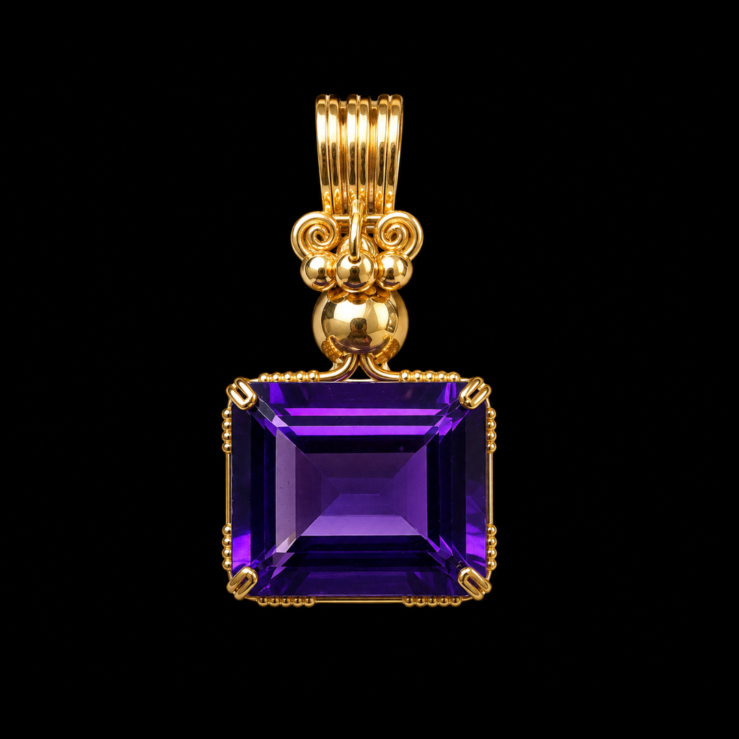 Gold pendant with a large square purple gemstone, set on a black background.