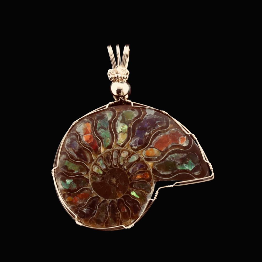 Pendant featuring an ammonite shell encased in wire with colorful inlays and a loop for hanging