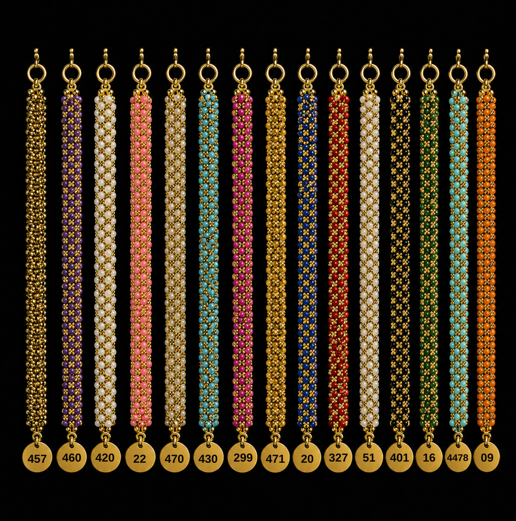 A collection of colorful beaded necklaces arranged vertically against a black background. Each necklace has a gold circular tag with a number at the bottom.