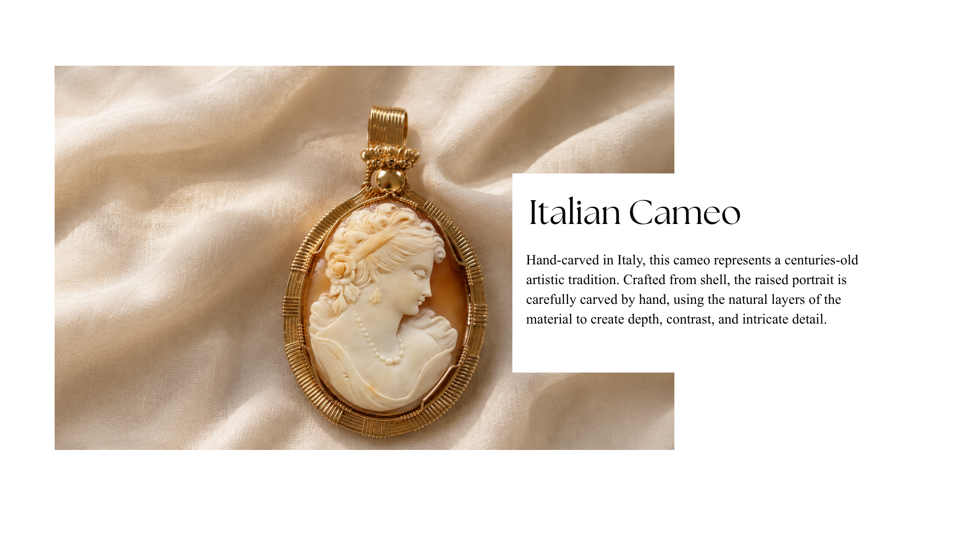 Close-up of a carved cameo pendant depicting a woman in profile, set in a gold frame, resting on a silky fabric background.