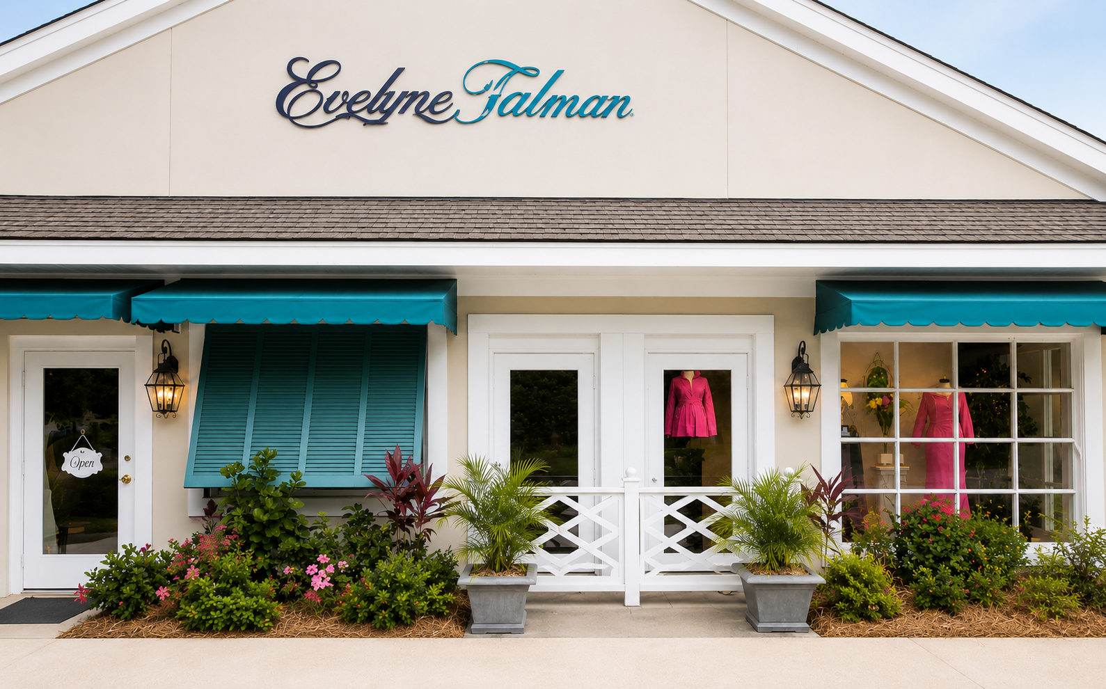 Front of a boutique with the sign 'Evelyne Talman'.