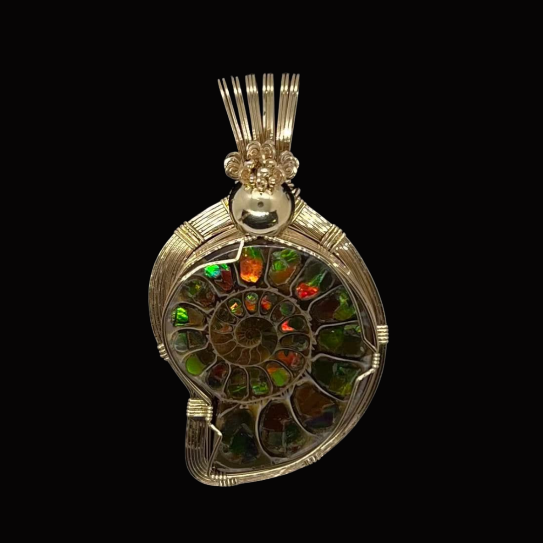 A pendant featuring a polished metallic shell encrusted with colorful, iridescent stones, ammonite shell, on a black background.