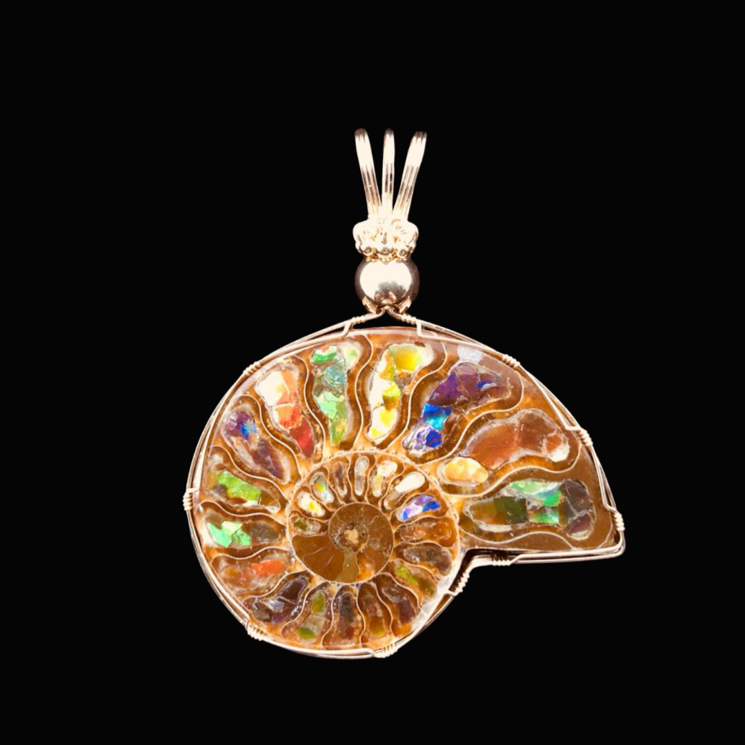 A pendant in the shape of an ammonite shell with colorful iridescent inlays, framed with silver, hanging against a black background.