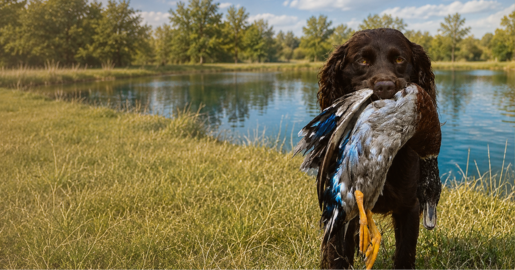A brown dog holding a large bird in its mouth near a pond with trees and grass in the background.