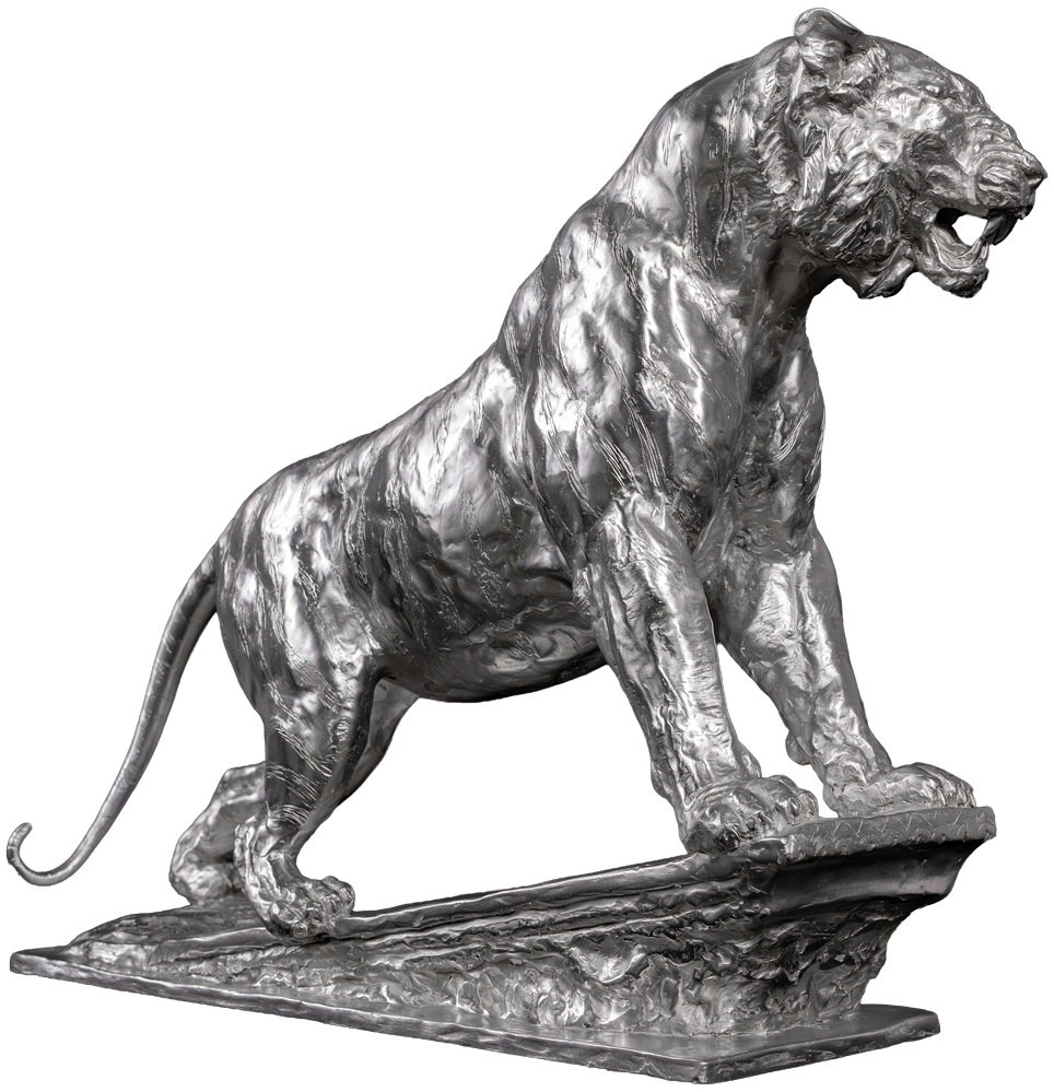 Silver sculpture of a fierce tiger standing on a textured base against a black background.