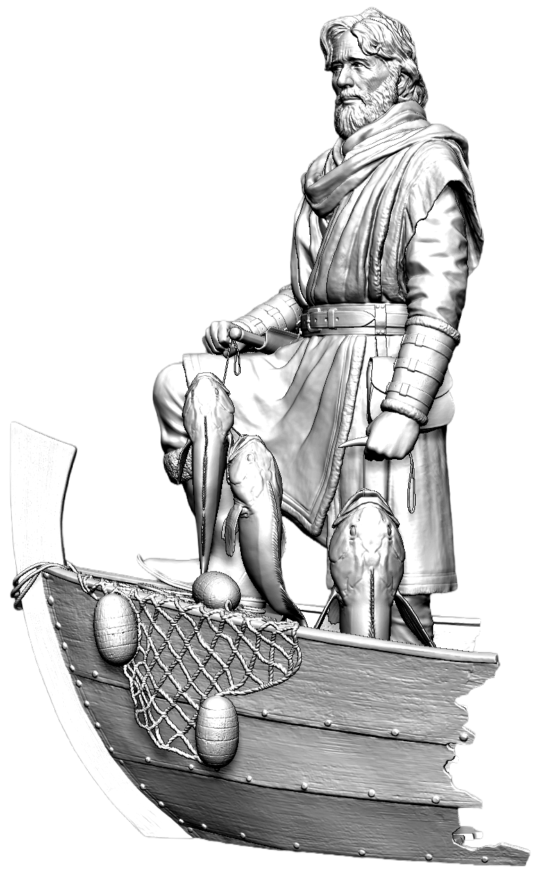 A detailed grayscale sculpture of a fisherman standing on a boat, holding fishing nets and fish, with a calm expression and long hair and beard.