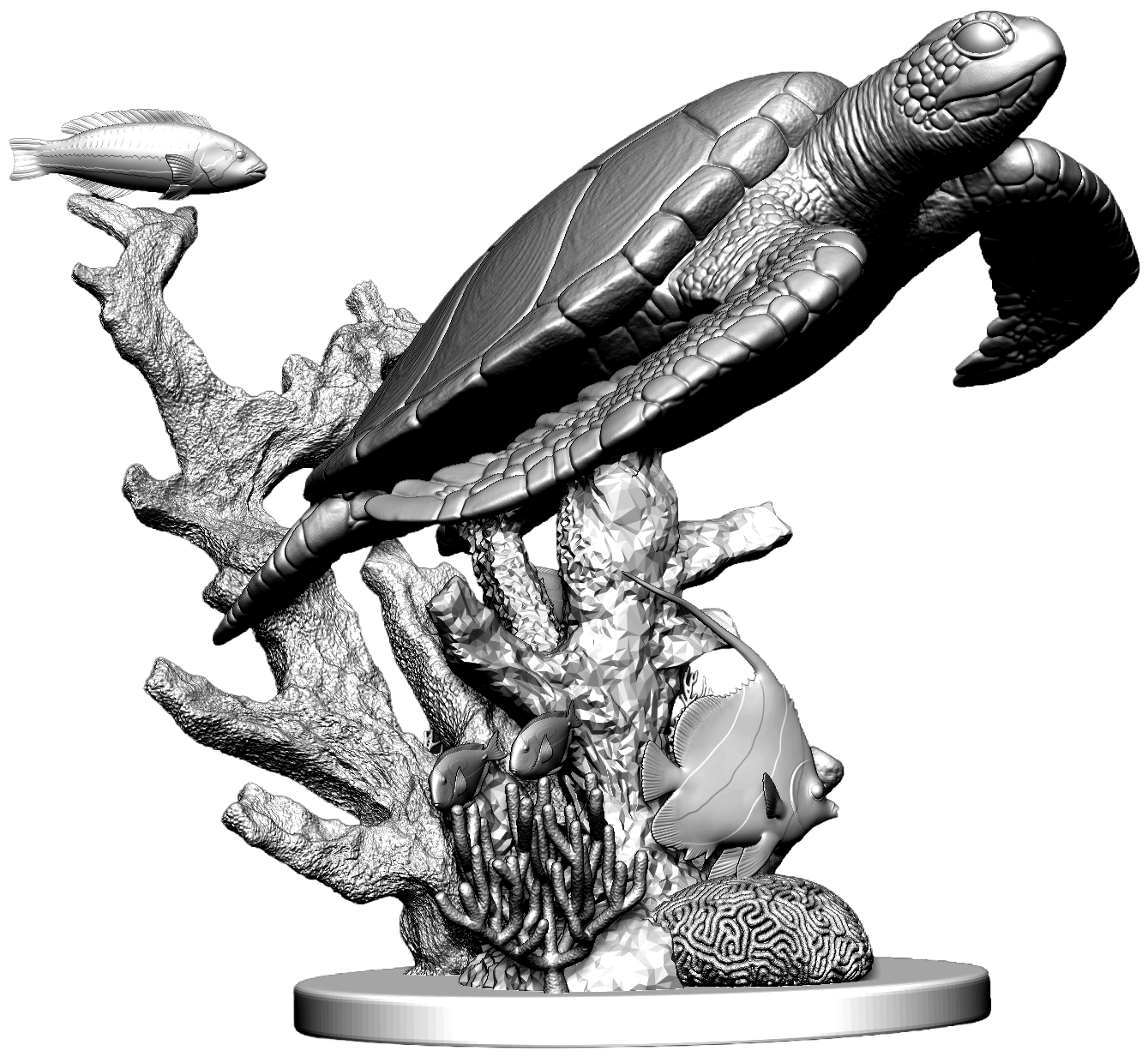 3D model of marine life including a large turtle on a coral branch with various fish, an octopus, and seaweed in a monochrome style.