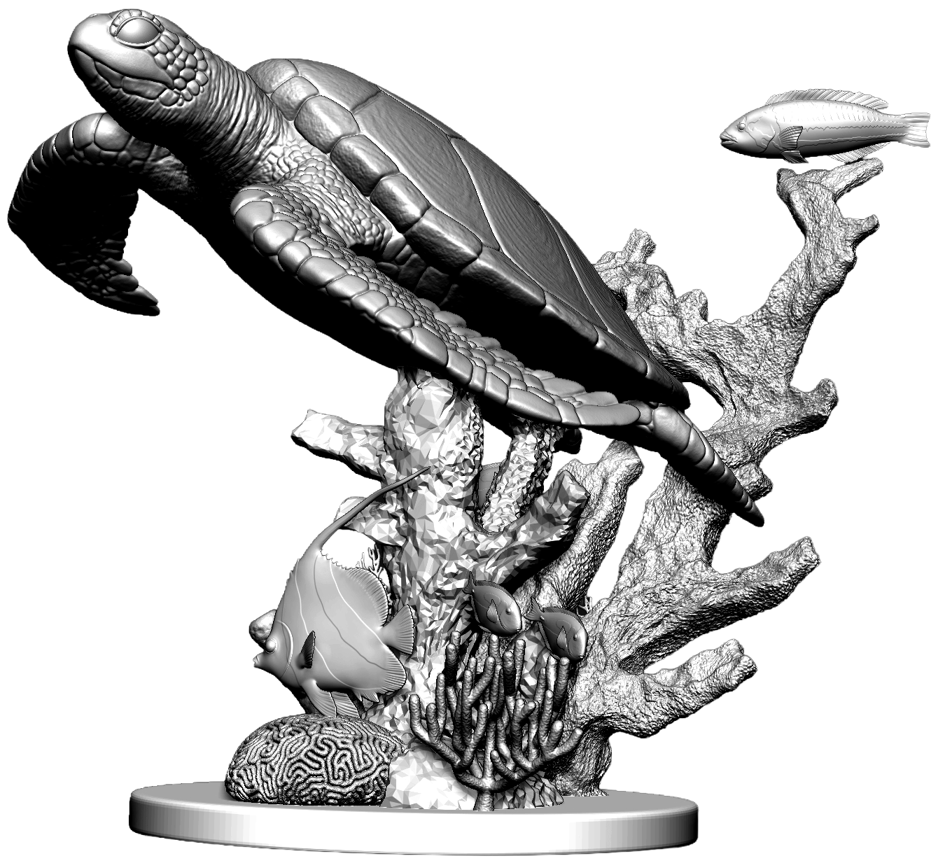 3D model of marine life including a large turtle on a coral branch with various fish, an octopus, and seaweed in a monochrome style.