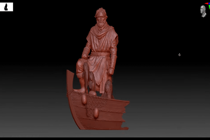 3D model of a man in historical attire standing on a wooden boat with a fishing net.