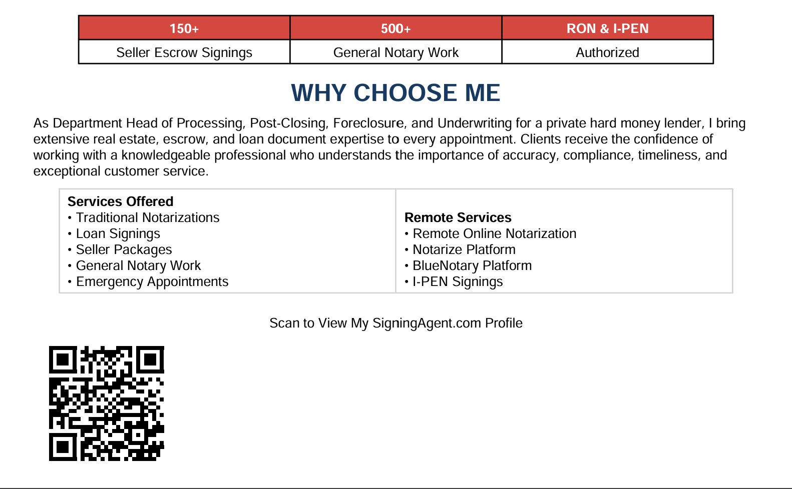 A flyer advertising signing and notarization services, listing traditional and remote options, with a QR code for profile access.