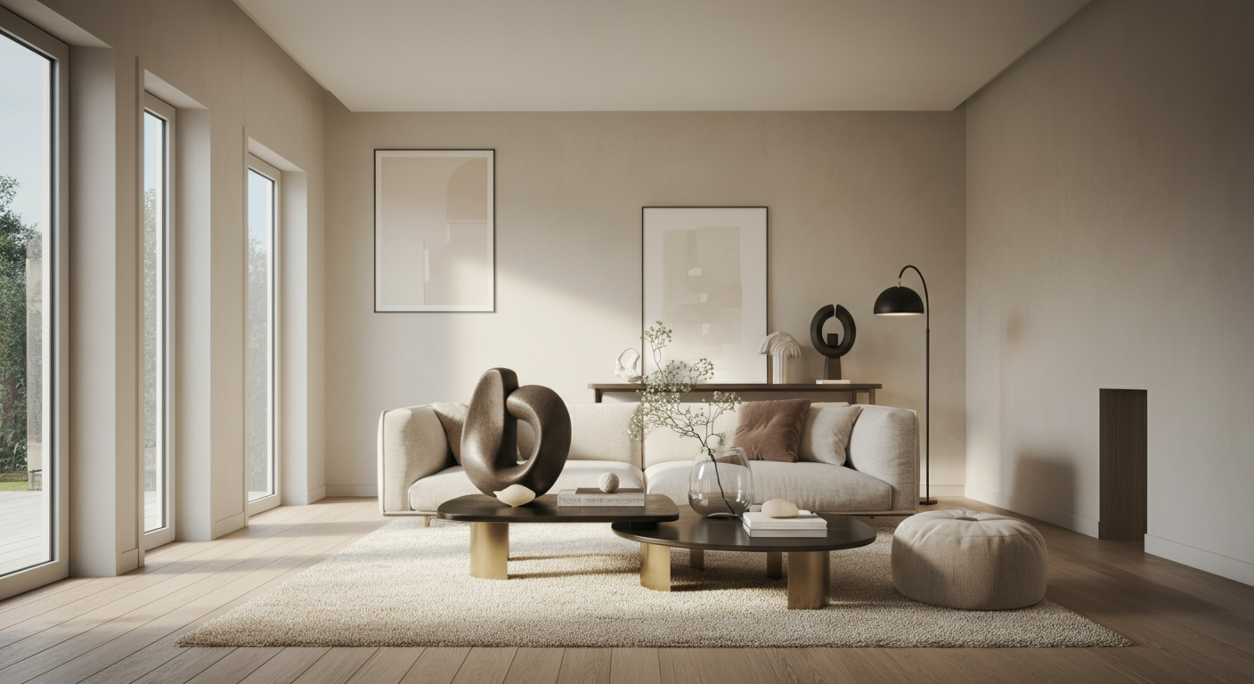 Minimalist living room with beige sofa, abstract sculptures, vases, and modern artwork, illuminated by natural light from large windows.