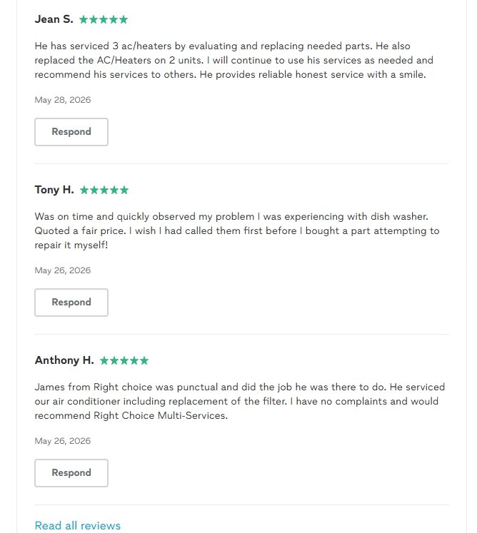 Screenshot of three customer reviews with names Jean S., Tony H., and Anthony H., each giving five-star ratings for service providers, dated May 26 and 28, 2026.