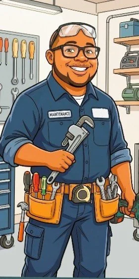 A smiling maintenance worker holding a hammer, standing in a workshop with tools and equipment.