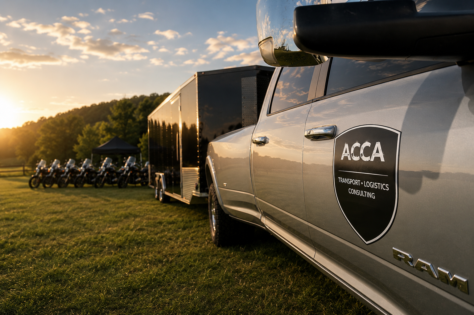 A gray pickup truck with the ACCA logo parked on grass, with motorcycles lined up behind it during sunset.