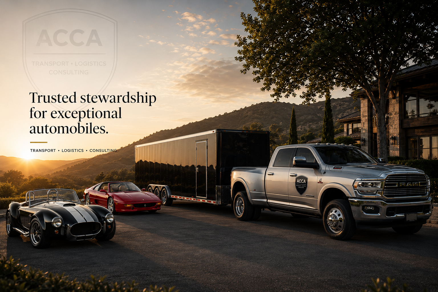 A lineup of three luxury automobiles including a vintage black open-top sports car, a red sports car, and a silver pickup truck with an enclosed trailer attached, parked in front of a modern house with mountains and trees in the background during sunset.