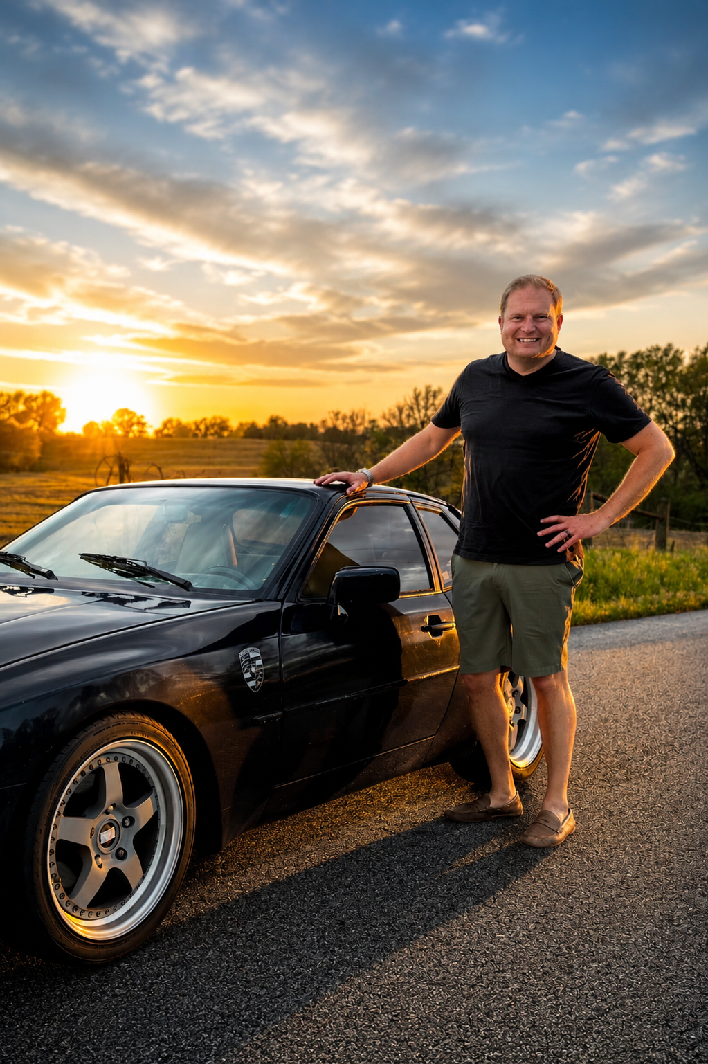A man smiling and standing next to a black Porsche car during sunset in a rural area with trees and open fields in the background.