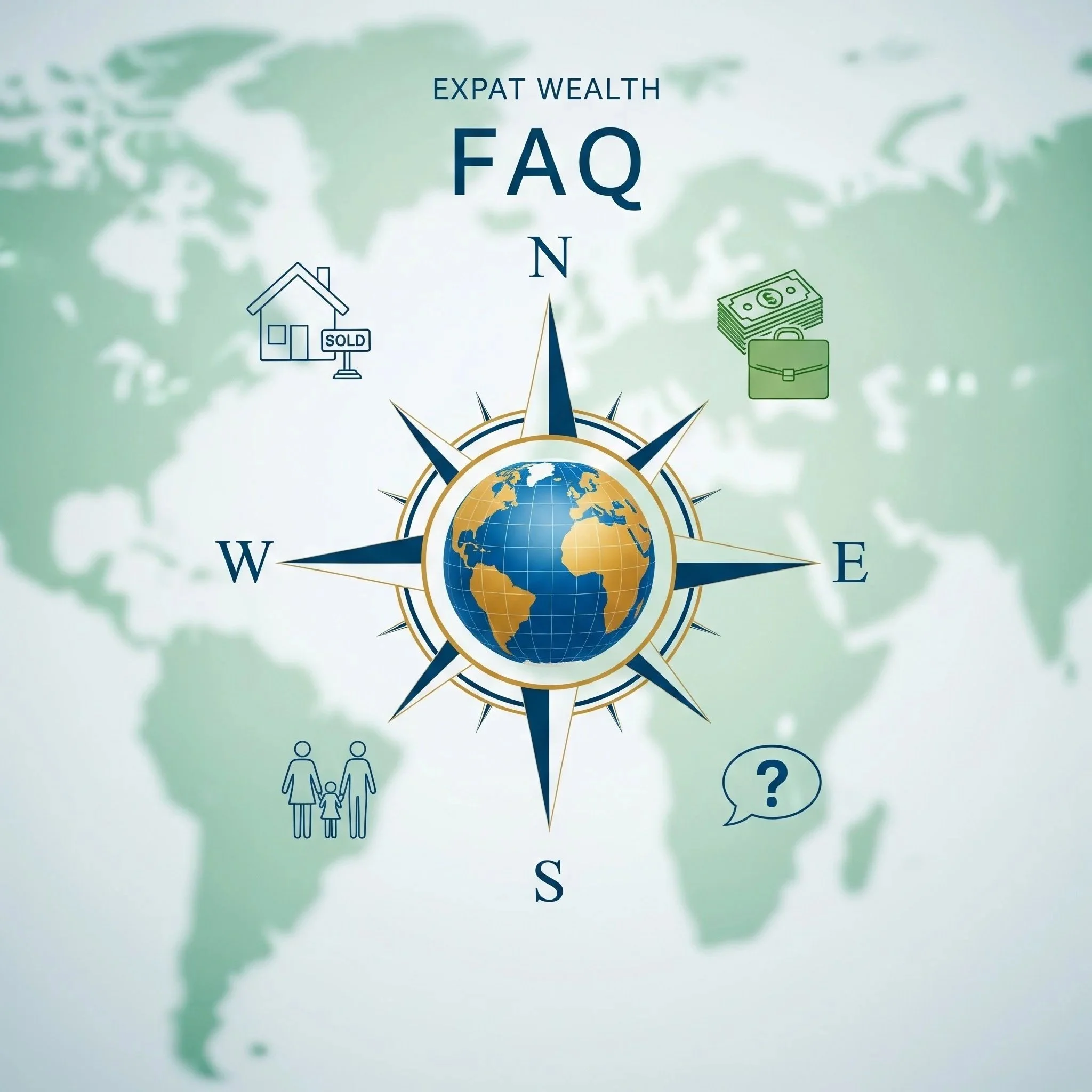 A world map with a compass rose at the center, surrounded by icons of a house with sells sign, money, a family, and a question mark, indicating topics related to expatriate wealth and FAQ.