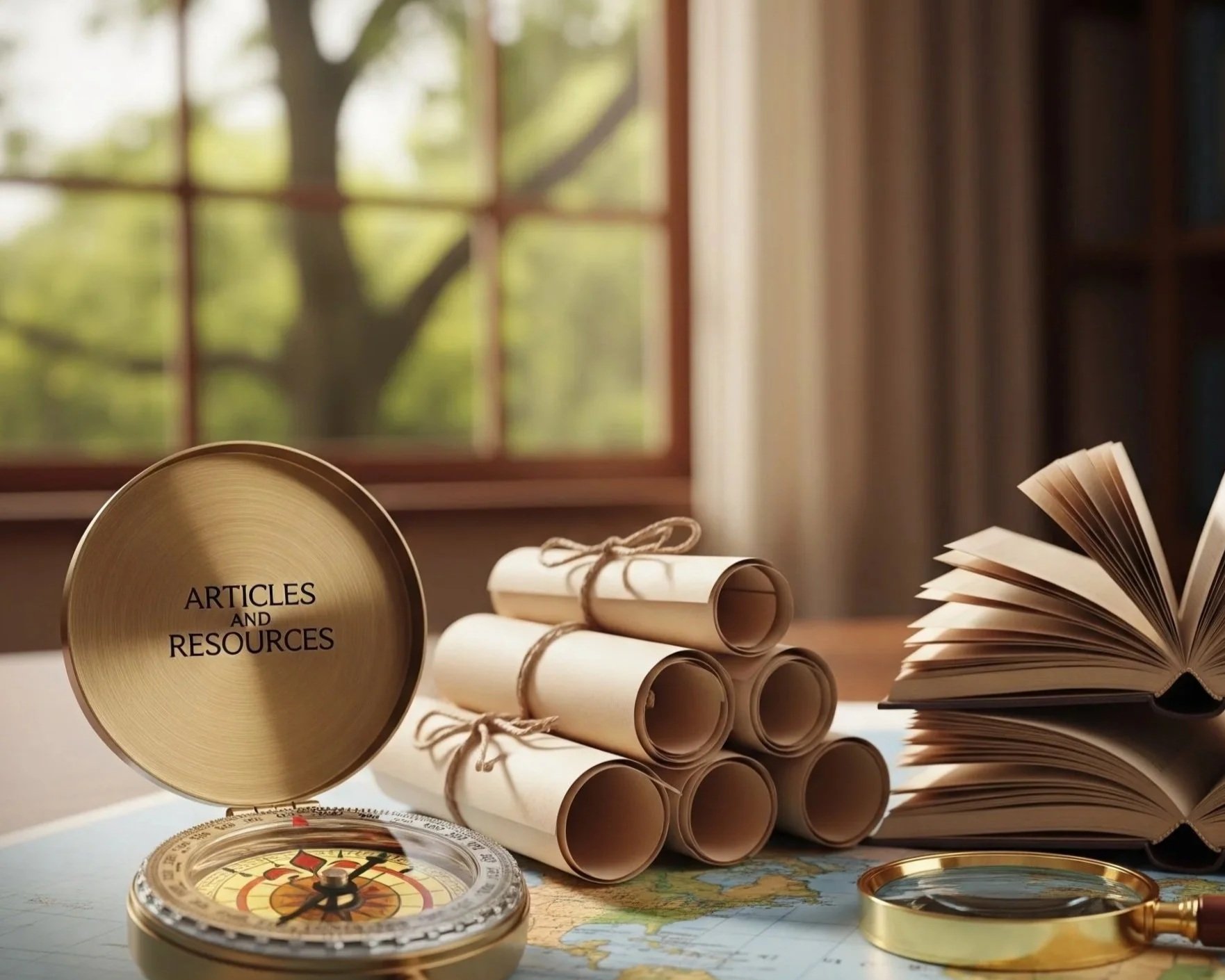 A collection of vintage items on a table including a round metal container labeled 'Articles and Resources', rolled papers tied with twine, an open book with pages fanned out, and a compass, all set against a window with a view of trees outside.