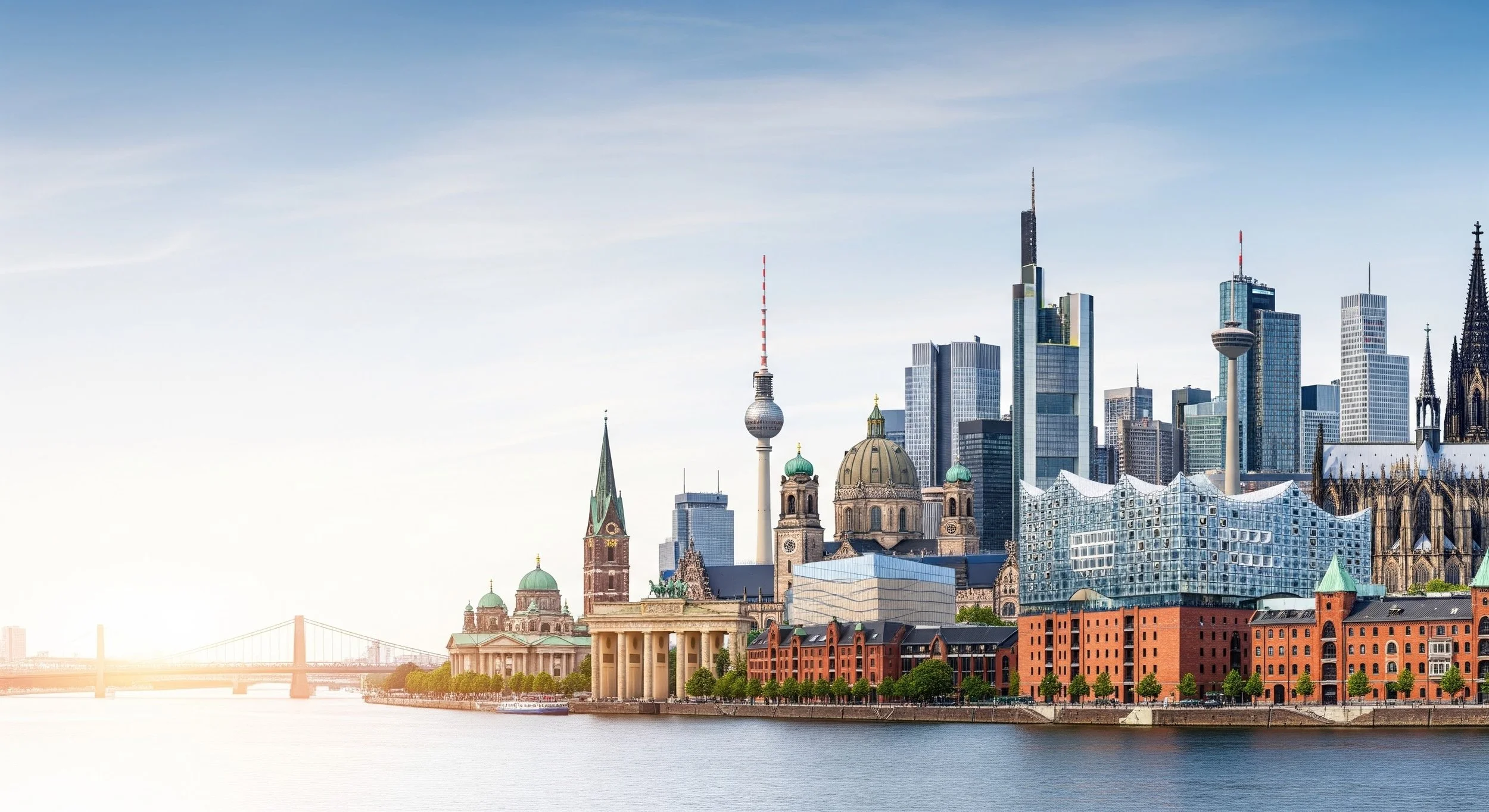 Skyline of Frankfurt, Germany, with modern skyscrapers, historic church, and the Main River in the foreground.