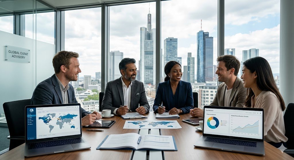 Business professionals in a meeting room with large windows, city skyline view, discussing around a table with laptops, tablets, documents, and charts.