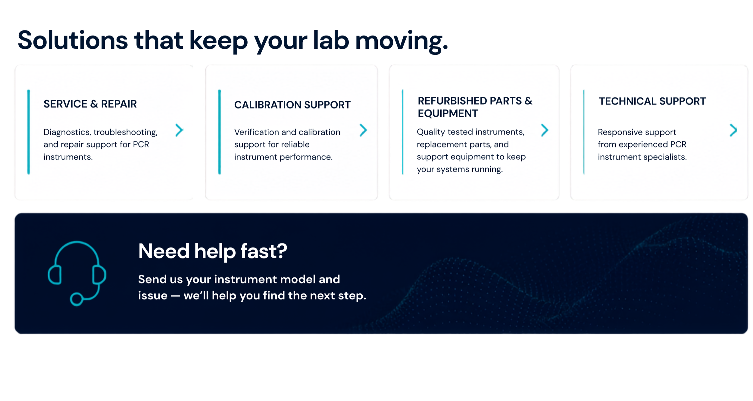 OverDrive Scientific service section showing PCR instrument repair, calibration support, refurbished parts, technical support, and request service call-to-action.