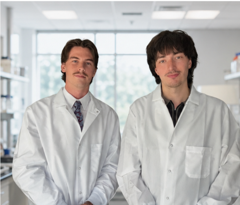 Two male scientists in white lab coats standing in a laboratory with shelves and a large window in the background.