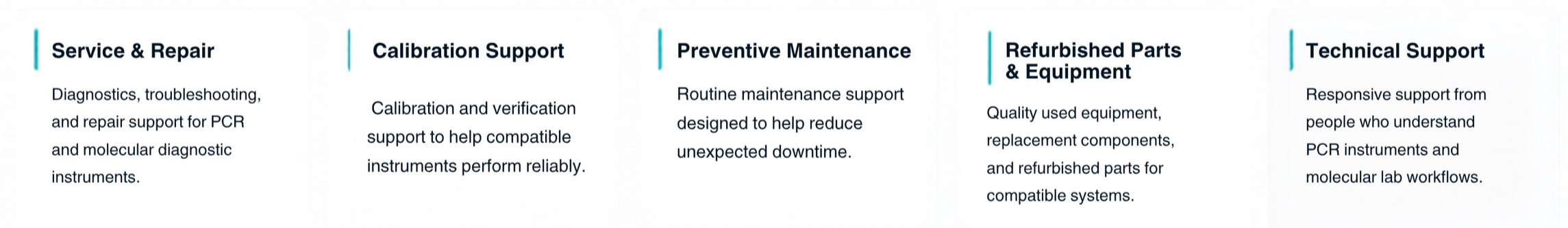 OverDrive Scientific service overview for PCR instrument repair, calibration support, preventive maintenance, refurbished parts, equipment support, and technical support.