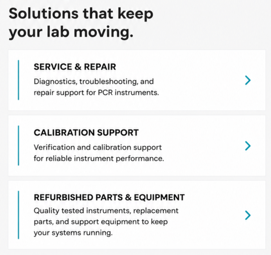OverDrive Scientific service cards for PCR instrument repair, calibration support, refurbished parts, and equipment support.