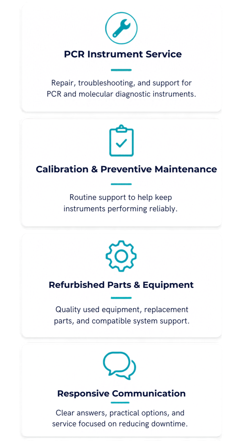 Mobile service overview for PCR instrument service, calibration and preventive maintenance, refurbished parts, equipment support, and responsive communication.