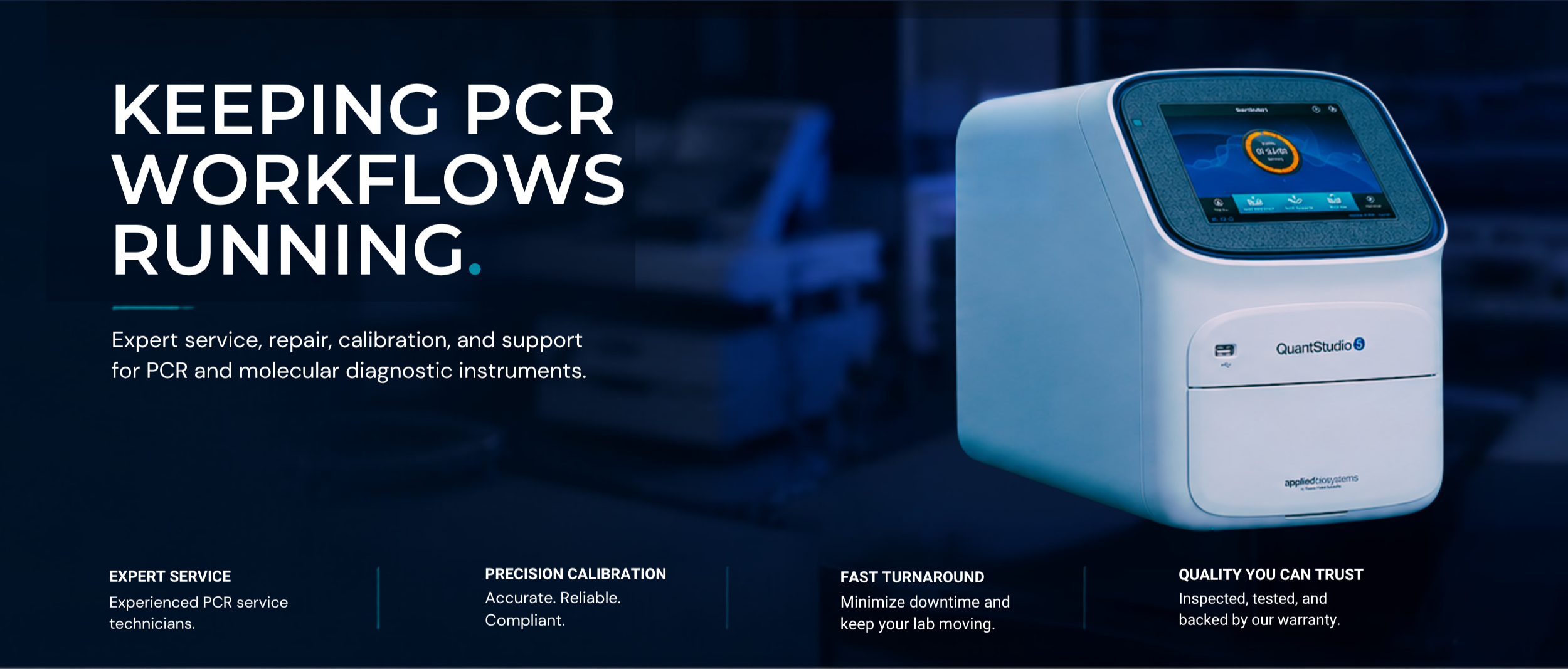 An advertisement for PCR diagnostic instruments featuring a white machine with a digital screen, accompanied by text about PCR workflows, expert service, calibration, speedy turnaround, and quality assurance.