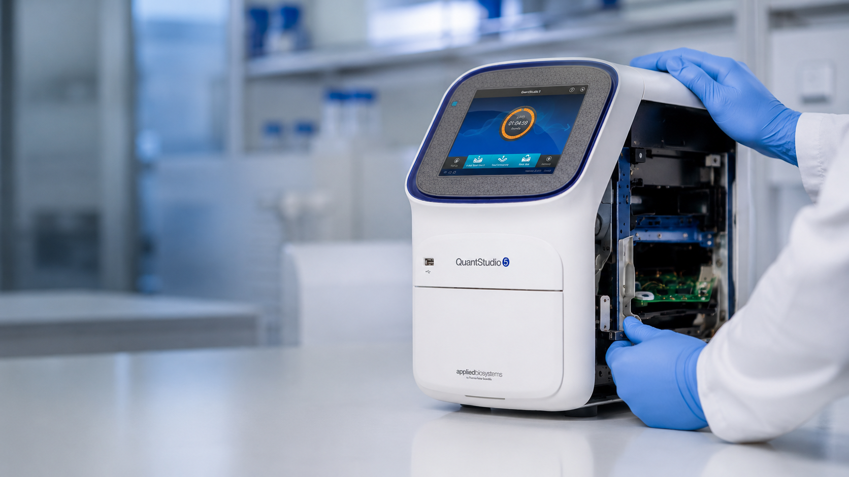 Technician servicing a QuantStudio PCR instrument for repair, calibration support, and maintenance.