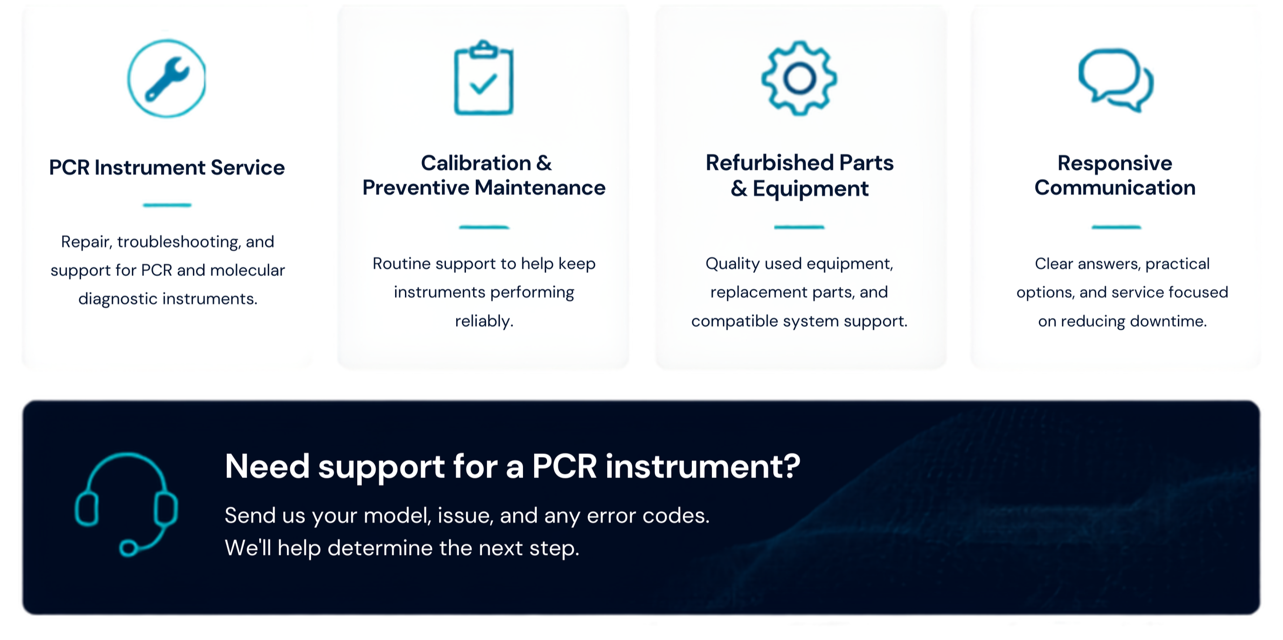 OverDrive Scientific service capabilities for PCR instrument service, calibration and preventive maintenance, refurbished parts, equipment support, and responsive communication.